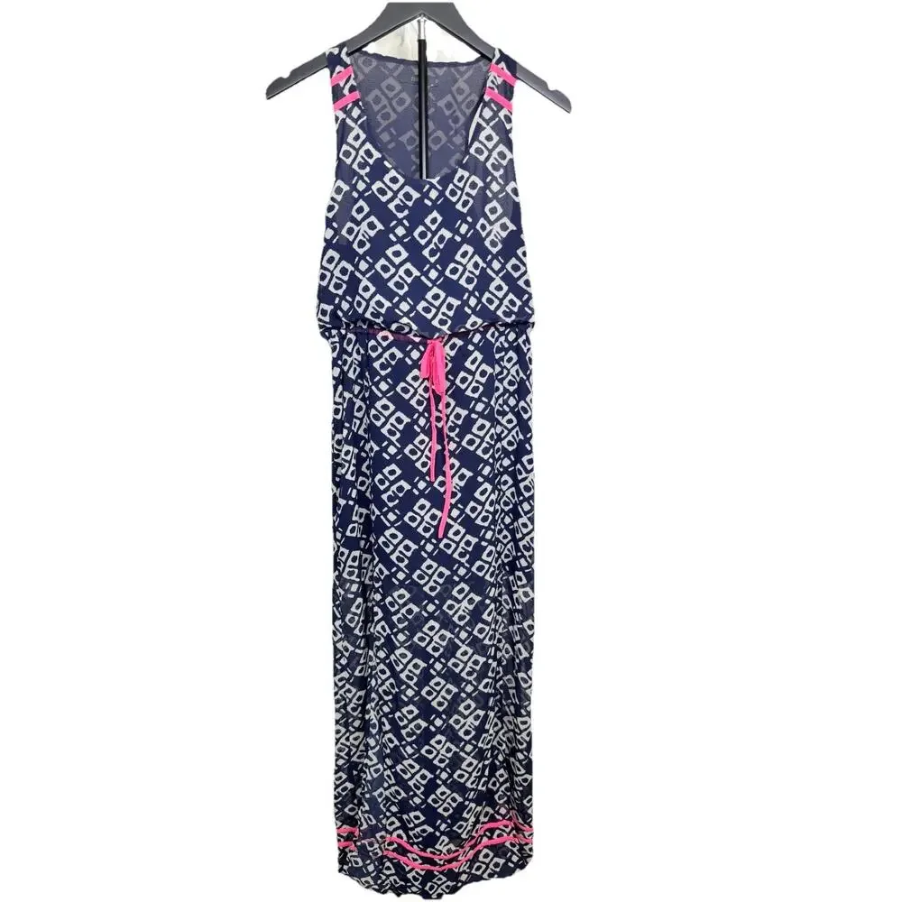 THML Dress Women's Sz S Navy White Hot Pink Tribal Print Maxi Sleeveless - Picture 1 of 11